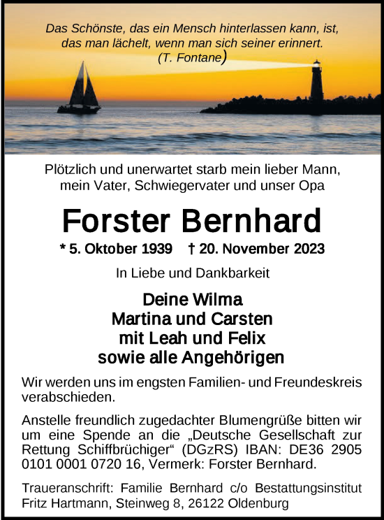 Traueranzeige von Forster Bernhard von Nordwest-Zeitung
