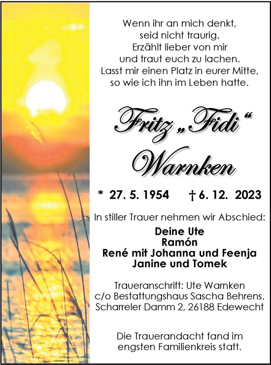 Traueranzeige von Fritz Warnken von Nordwest-Zeitung