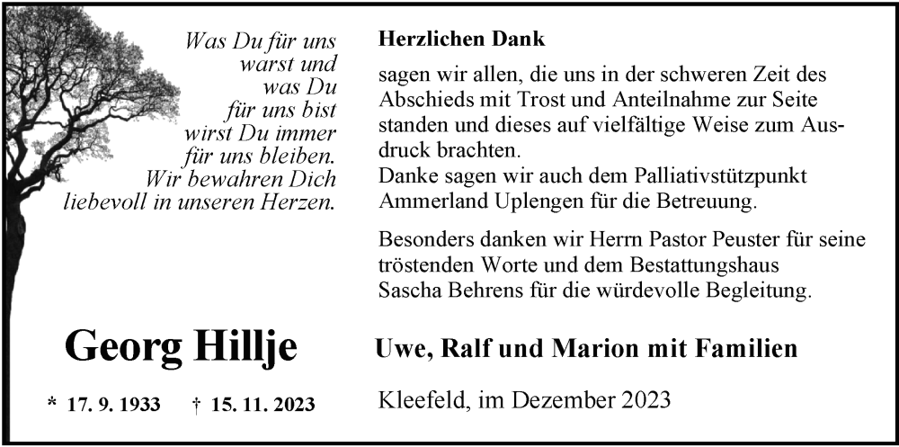  Traueranzeige für Georg Hillje vom 16.12.2023 aus Nordwest-Zeitung