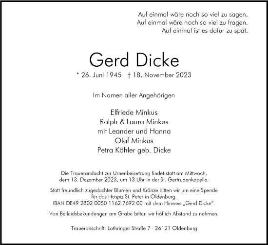 Traueranzeige von Gerd Dicke von Nordwest-Zeitung