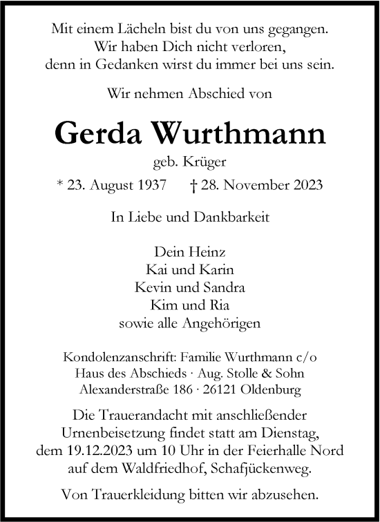 Traueranzeige von Gerda Wurthmann von Nordwest-Zeitung