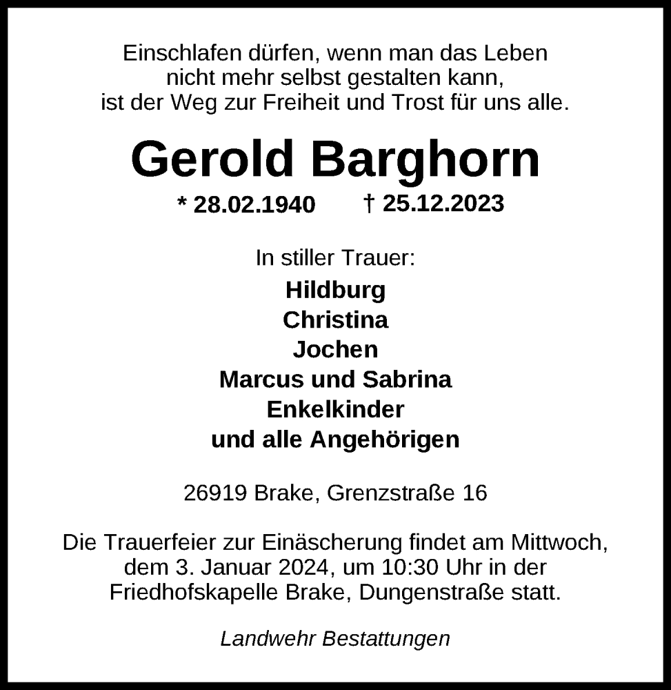  Traueranzeige für Gerold Barghorn vom 29.12.2023 aus Nordwest-Zeitung