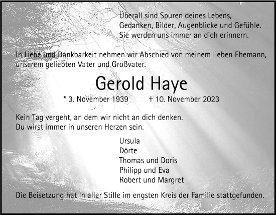 Traueranzeige von Gerold Haye von Nordwest-Zeitung
