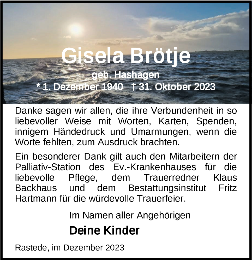  Traueranzeige für Gisela Brötje vom 09.12.2023 aus Nordwest-Zeitung