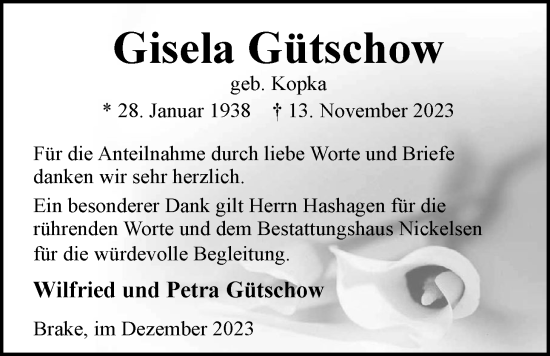 Traueranzeige von Gisela Gütschow von Nordwest-Zeitung