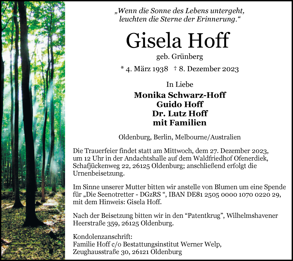  Traueranzeige für Gisela Hoff vom 16.12.2023 aus Nordwest-Zeitung