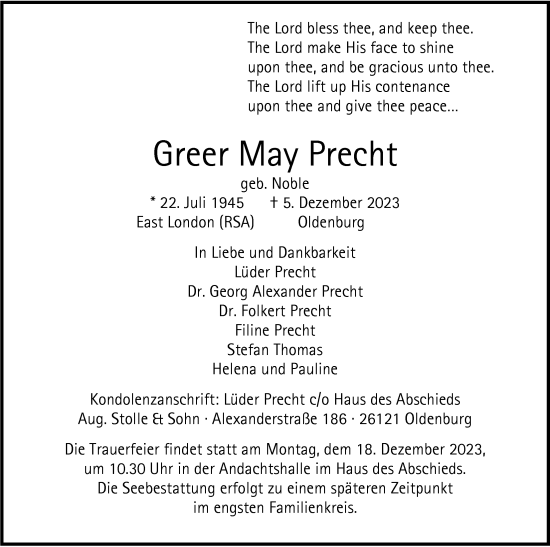 Traueranzeige von Greer May Precht von Nordwest-Zeitung