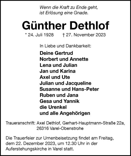 Traueranzeige von Günther Dethlof von Nordwest-Zeitung