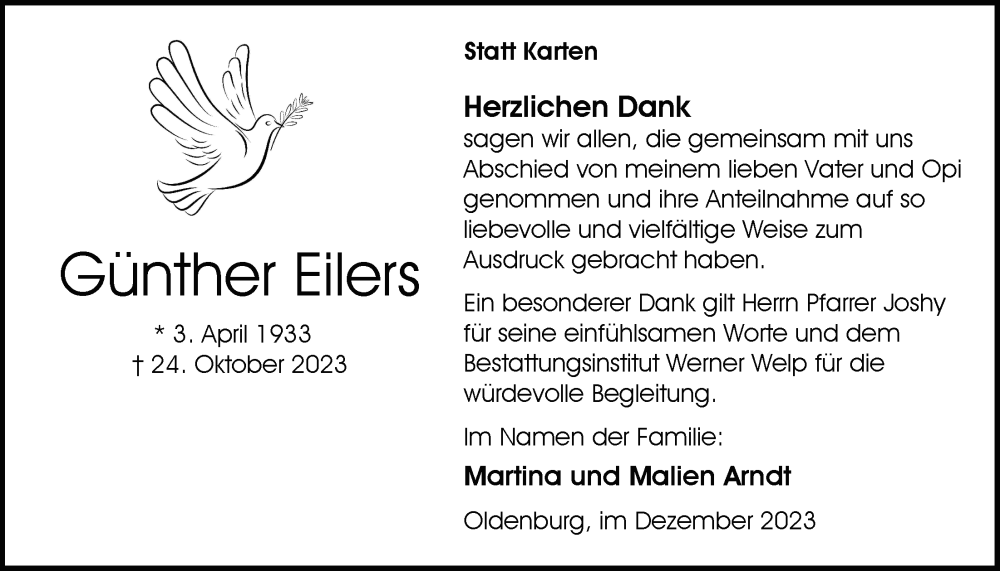  Traueranzeige für Günther Eilers vom 16.12.2023 aus Nordwest-Zeitung