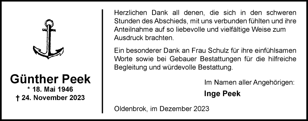  Traueranzeige für Günther Peek vom 23.12.2023 aus Nordwest-Zeitung