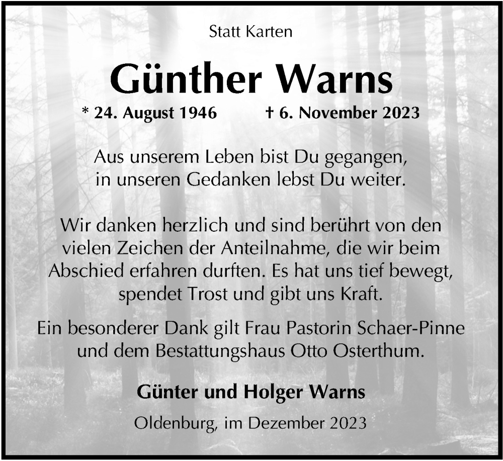  Traueranzeige für Günther Warns vom 22.12.2023 aus Nordwest-Zeitung