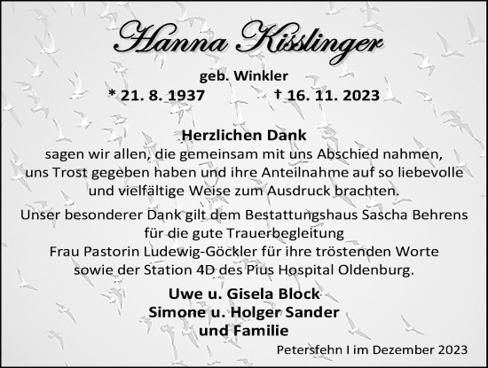 Traueranzeige von Hanna Kisslinger von Nordwest-Zeitung