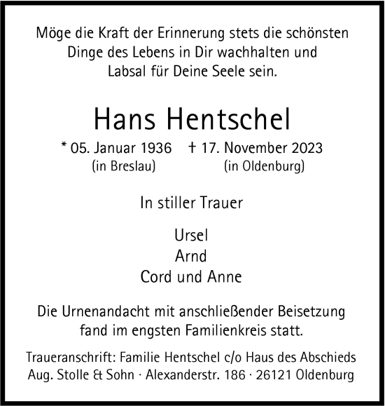 Traueranzeige von Hans Hentschel von Nordwest-Zeitung