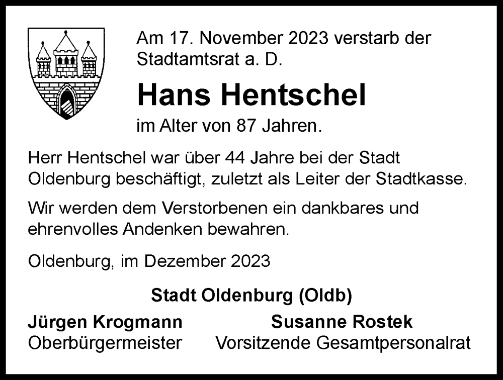  Traueranzeige für Hans Hentschel vom 23.12.2023 aus Nordwest-Zeitung