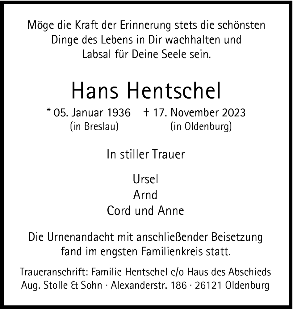  Traueranzeige für Hans Hentschel vom 23.12.2023 aus Nordwest-Zeitung