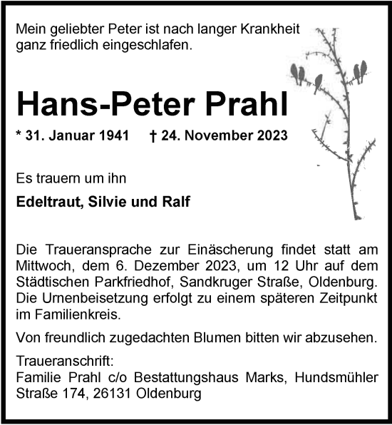 Traueranzeige von Hans-Peter Prahl von Nordwest-Zeitung