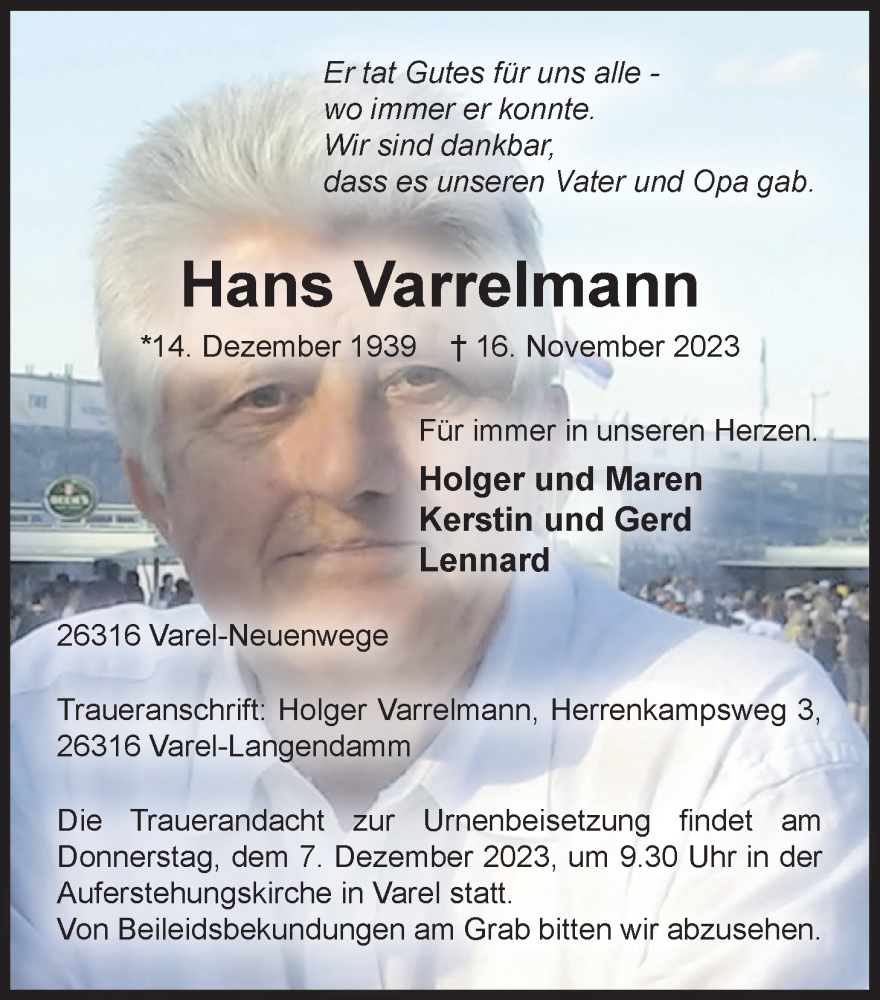  Traueranzeige für Hans Varrelmann vom 05.12.2023 aus Nordwest-Zeitung