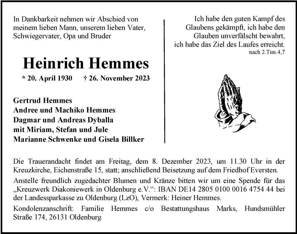  Traueranzeige für Heinrich Hemmes vom 02.12.2023 aus Nordwest-Zeitung
