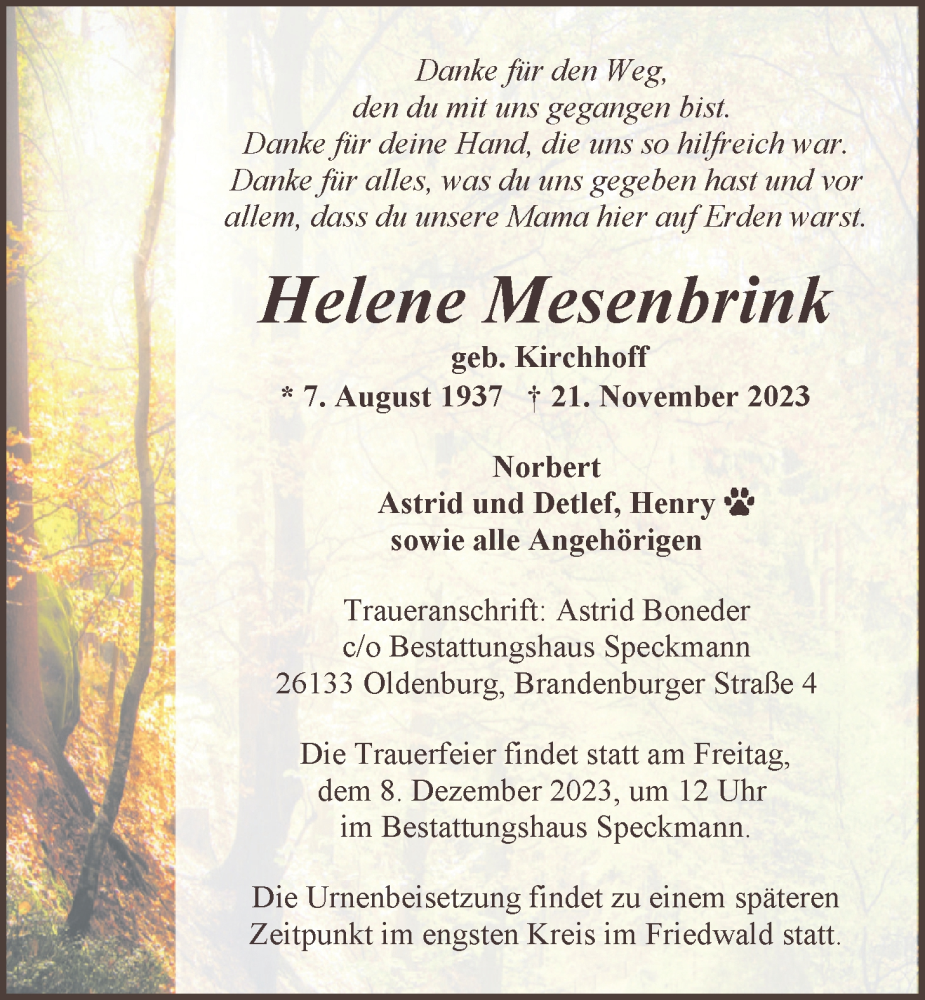  Traueranzeige für Helene Mesenbrink vom 02.12.2023 aus Nordwest-Zeitung