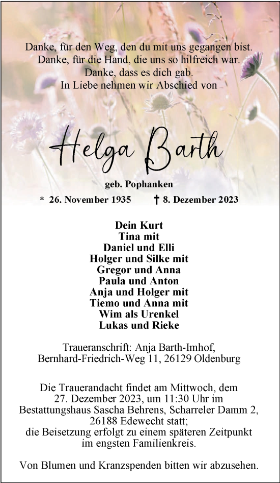 Traueranzeige von Helga Barth von Nordwest-Zeitung