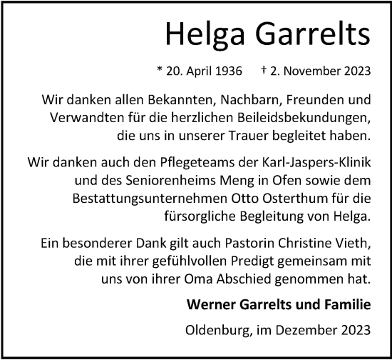 Traueranzeige von Helga Garrelts von Nordwest-Zeitung