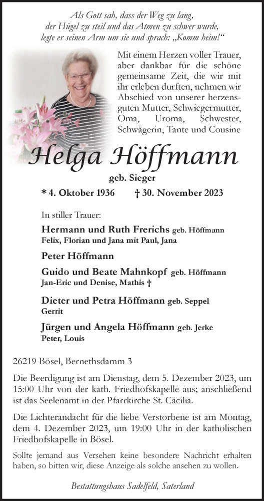  Traueranzeige für Helga Höffmann vom 02.12.2023 aus Nordwest-Zeitung