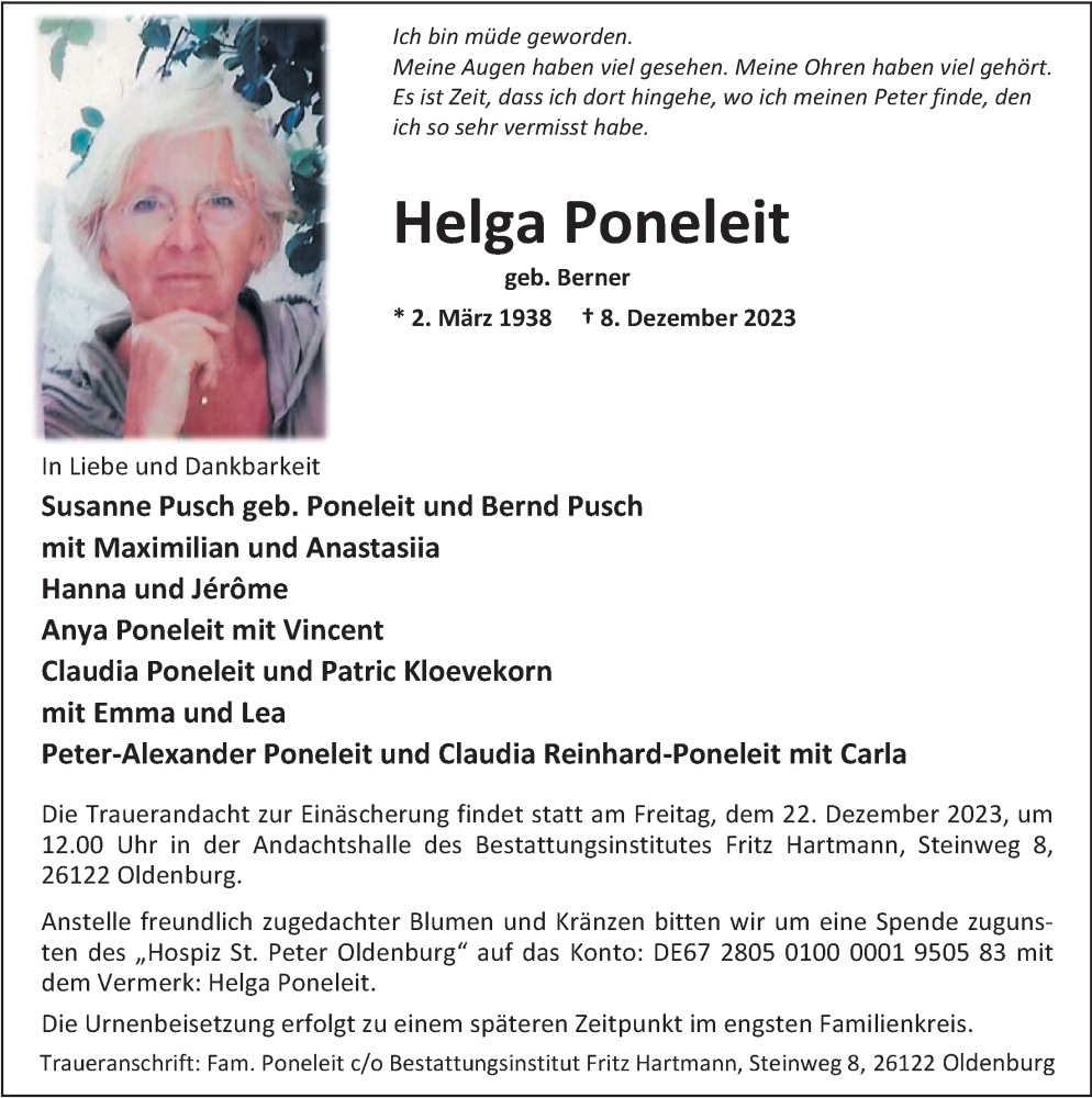  Traueranzeige für Helga Poneleit vom 16.12.2023 aus Nordwest-Zeitung
