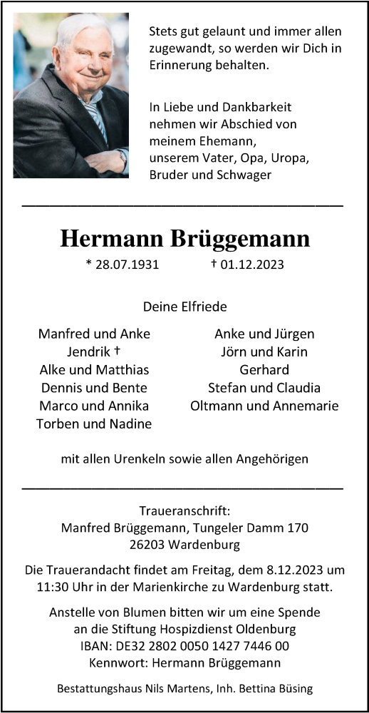  Traueranzeige für Hermann Brüggemann vom 05.12.2023 aus Nordwest-Zeitung
