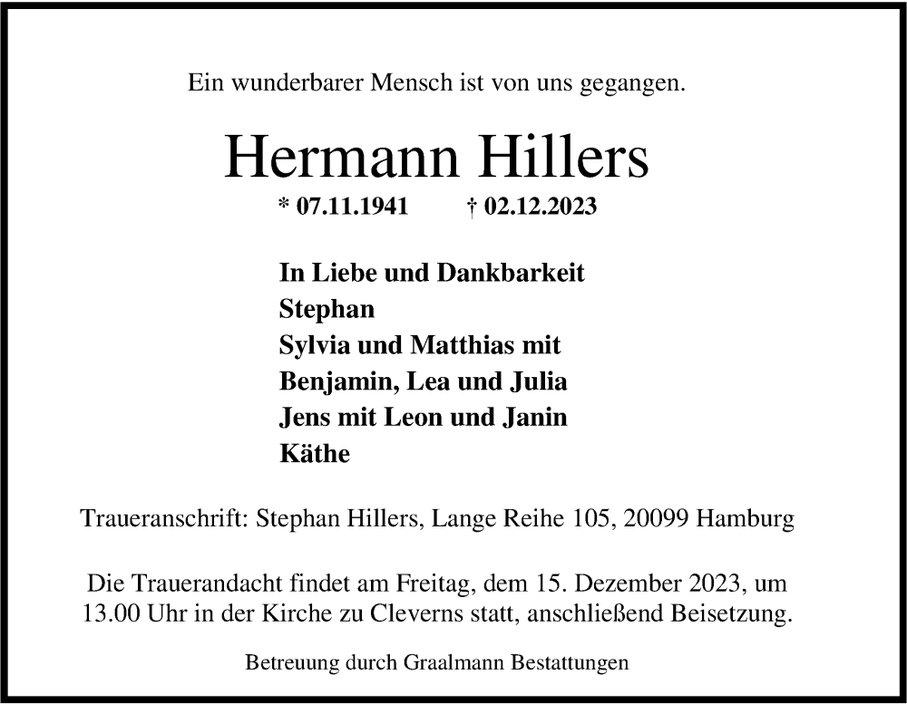  Traueranzeige für Hermann Hillers vom 09.12.2023 aus WZ/JW/AH