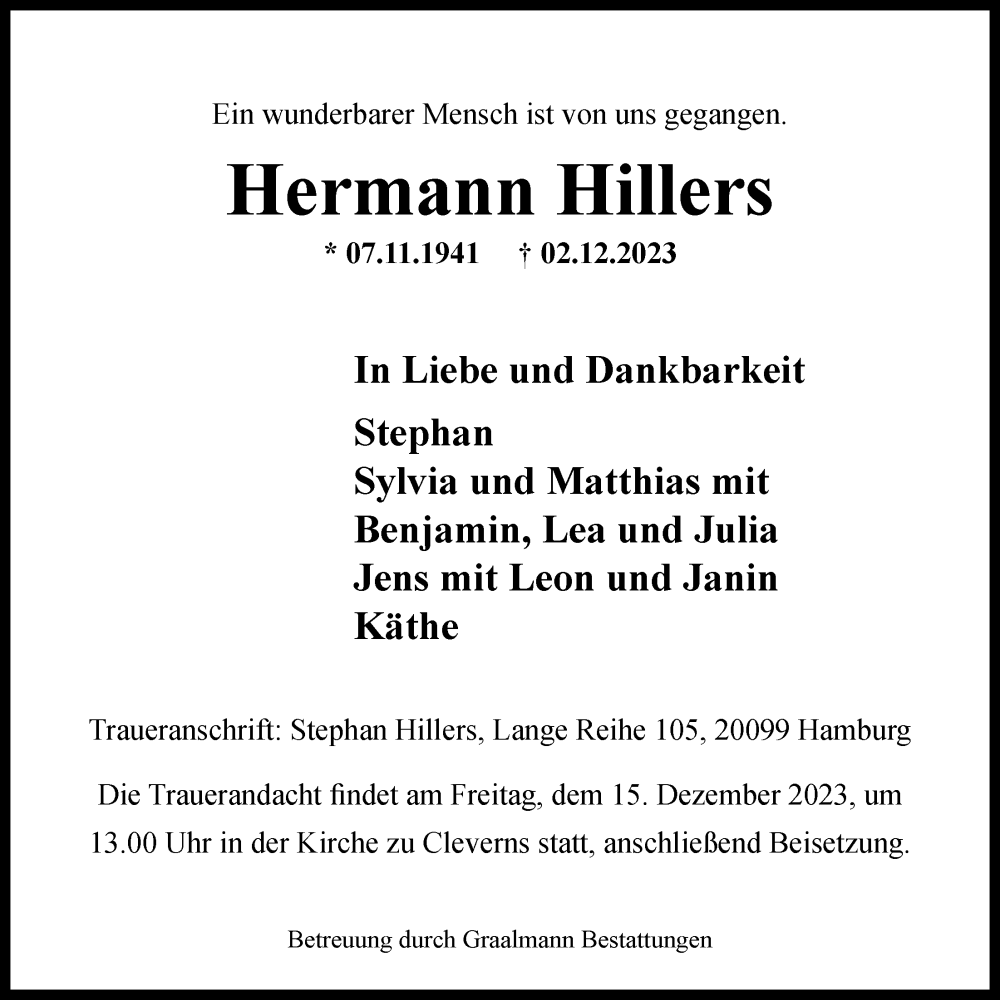  Traueranzeige für Hermann Hillers vom 09.12.2023 aus Nordwest-Zeitung