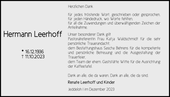 Traueranzeige von Hermann Leerhoff von Nordwest-Zeitung