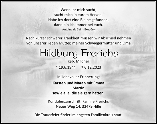 Traueranzeige von Hildburg Frerichs von WZ/JW/AH