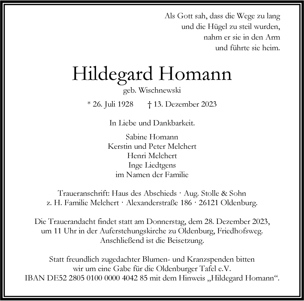  Traueranzeige für Hildegard Homann vom 23.12.2023 aus Nordwest-Zeitung