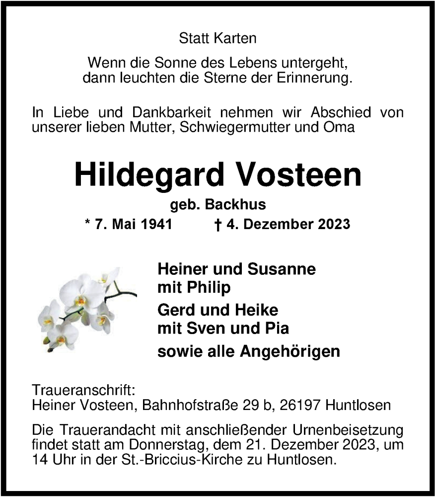  Traueranzeige für Hildegard Vosteen vom 09.12.2023 aus Nordwest-Zeitung