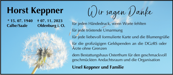 Traueranzeige von Horst Keppner von Nordwest-Zeitung