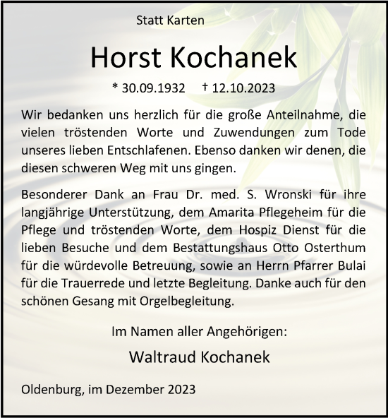 Traueranzeige von Horst Kochanek von Nordwest-Zeitung