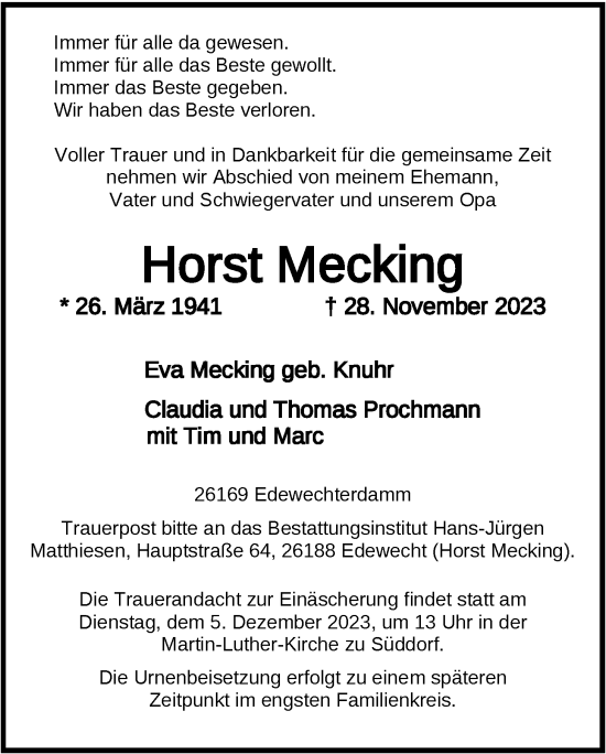 Traueranzeige von Horst Mecking von Nordwest-Zeitung
