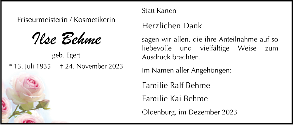  Traueranzeige für Ilse Behme vom 30.12.2023 aus Nordwest-Zeitung