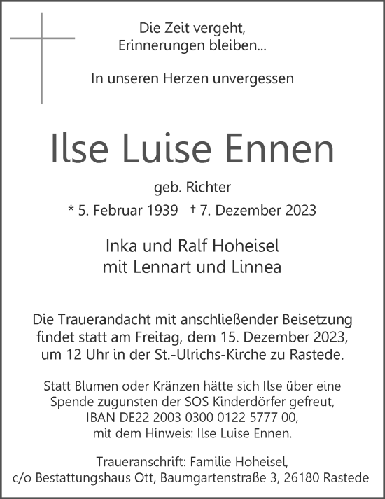 Traueranzeigen von Ilse Luise Ennen | nordwest-trauer.de