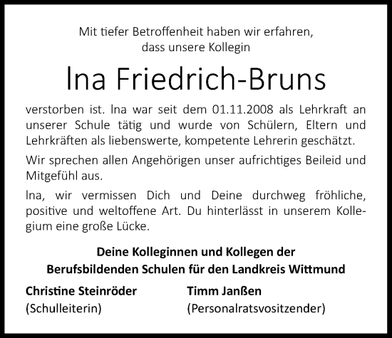 Traueranzeige von Ina Friedrich-Bruns von WZ/JW/AH