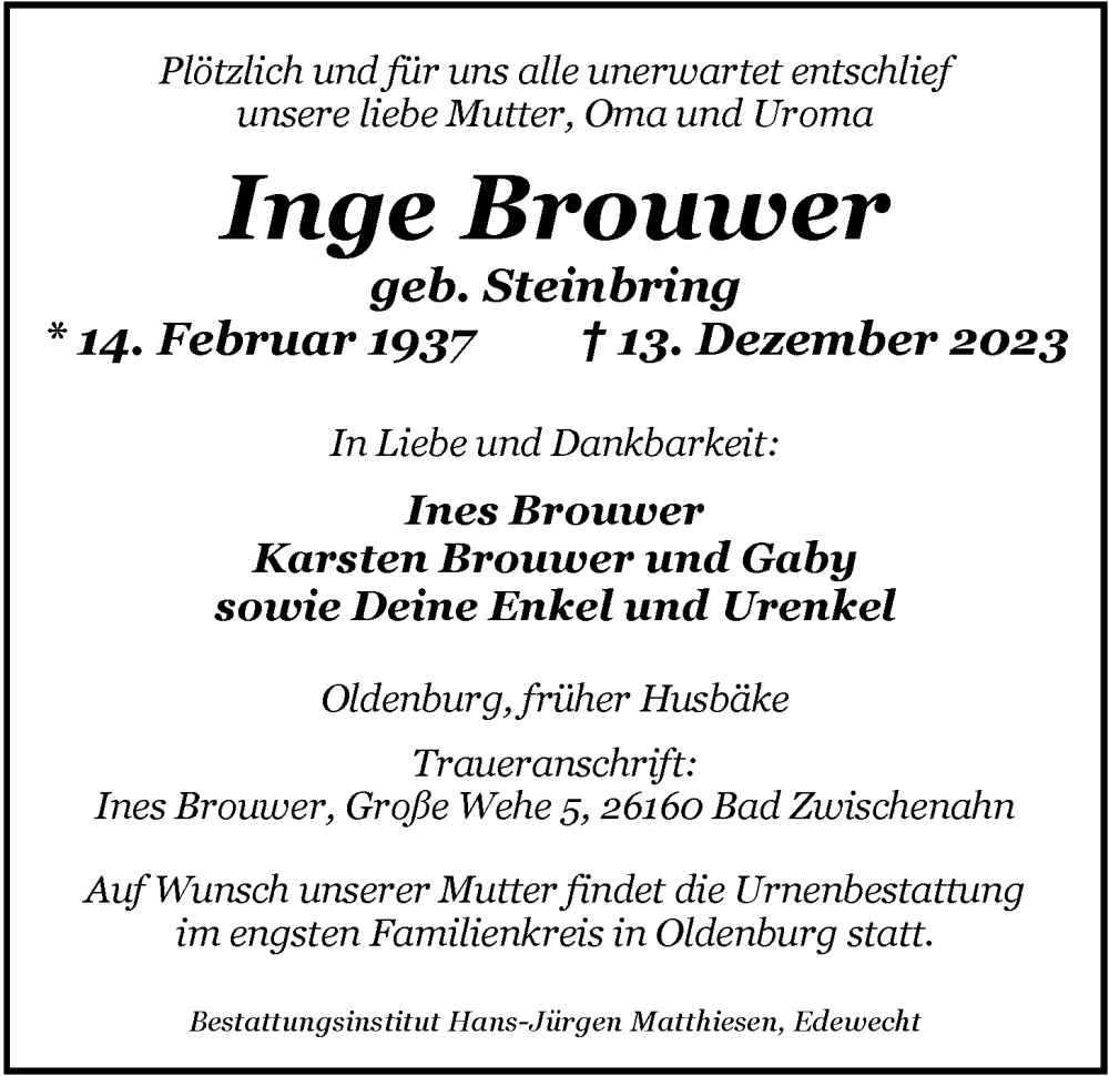  Traueranzeige für Inge Brouwer vom 22.12.2023 aus Nordwest-Zeitung