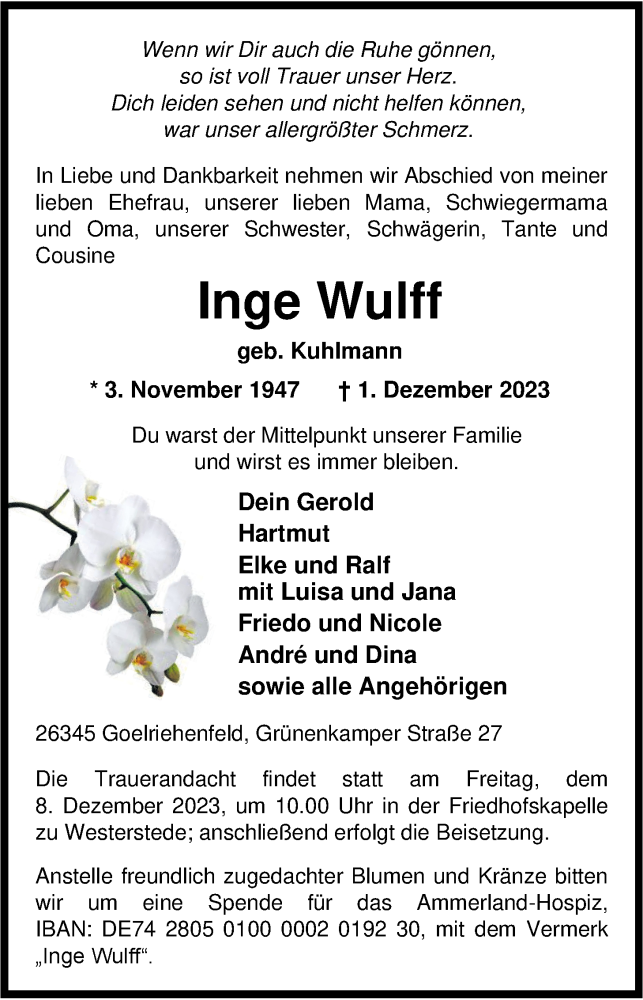  Traueranzeige für Inge Wulff vom 05.12.2023 aus Nordwest-Zeitung