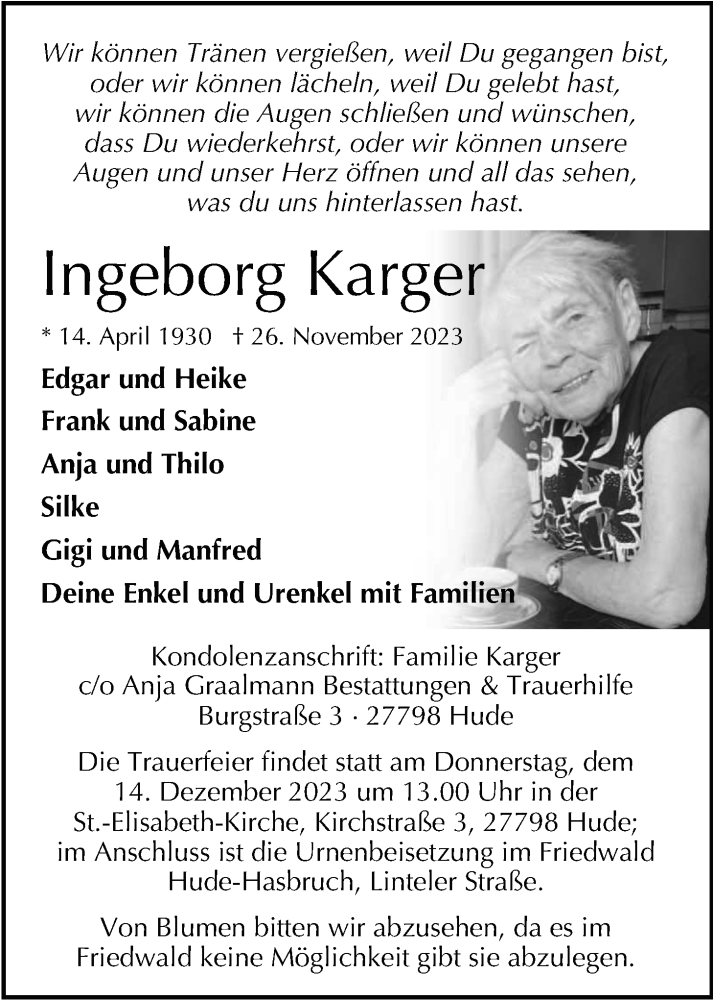  Traueranzeige für Ingeborg Karger vom 02.12.2023 aus Nordwest-Zeitung