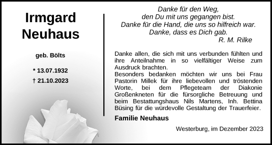 Traueranzeige von Irmgard Neuhaus von Nordwest-Zeitung