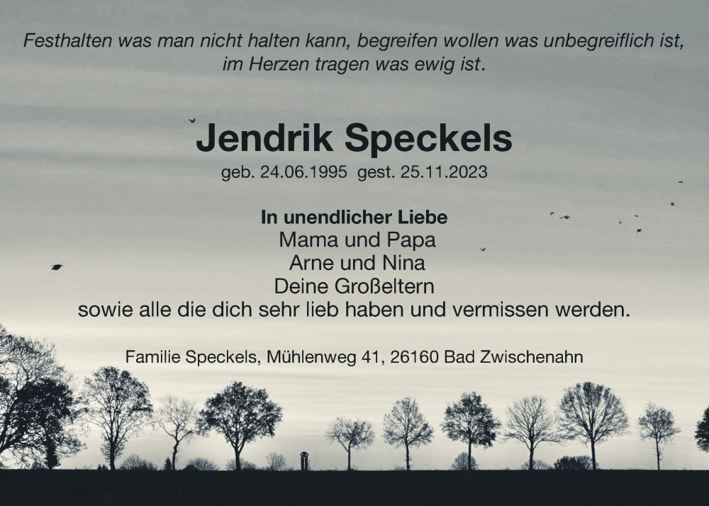  Traueranzeige für Jendrik Speckels vom 05.12.2023 aus Nordwest-Zeitung