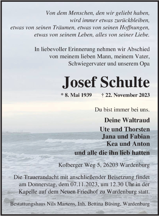 Traueranzeige von Josef Schulte von Nordwest-Zeitung