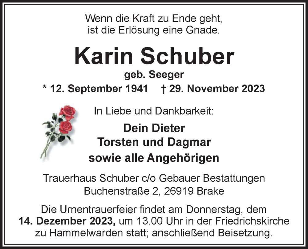  Traueranzeige für Karin Schuber vom 02.12.2023 aus Nordwest-Zeitung
