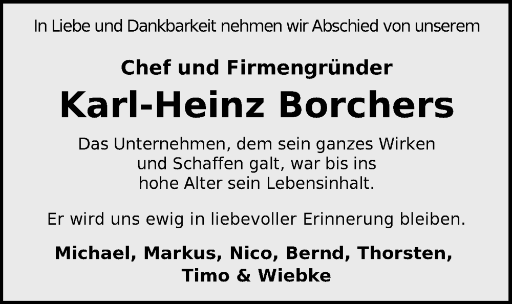  Traueranzeige für Karl-Heinz Borchers vom 22.12.2023 aus Nordwest-Zeitung