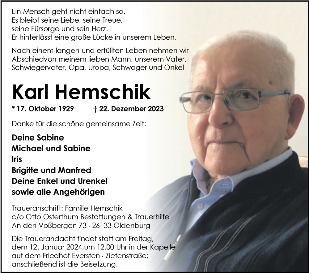  Traueranzeige für Karl Hemschik vom 30.12.2023 aus Nordwest-Zeitung