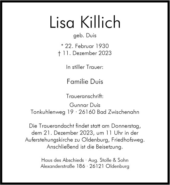 Traueranzeige von Lisa Killich von Nordwest-Zeitung